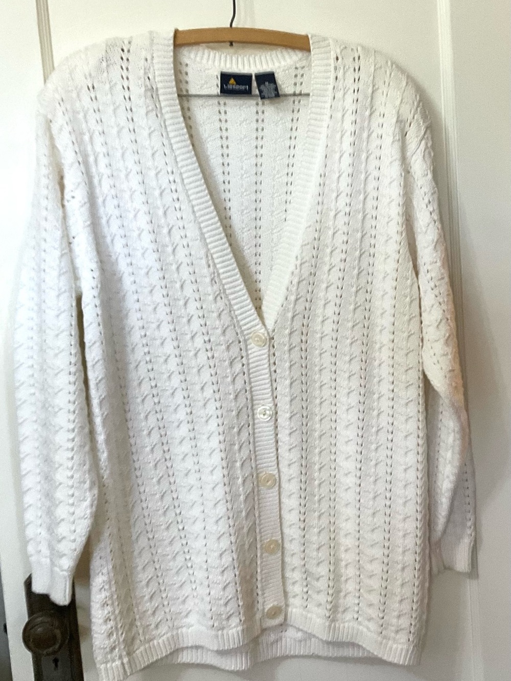 Vintage Lizsport Women's White Open-Knit Cotton Button Cardigan 90s USA